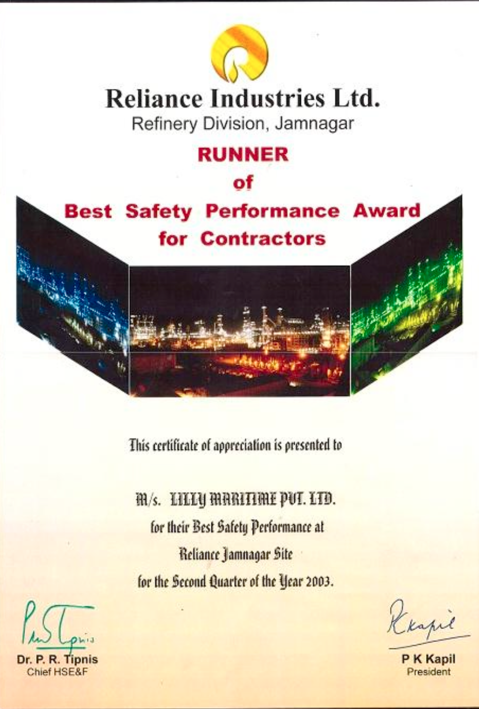 Runner of Best Safety Performance Award for Contractors